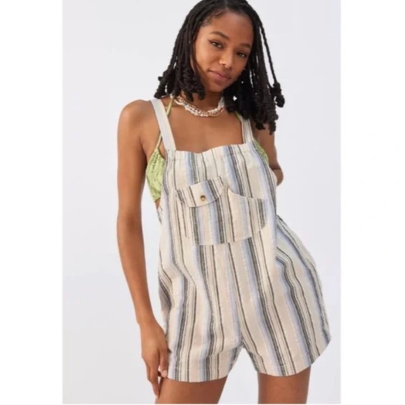 Urban Outfitters Pants - UO Chelsea Linen Shortall Overalls Striped White Blue Black Pockets Button Medi